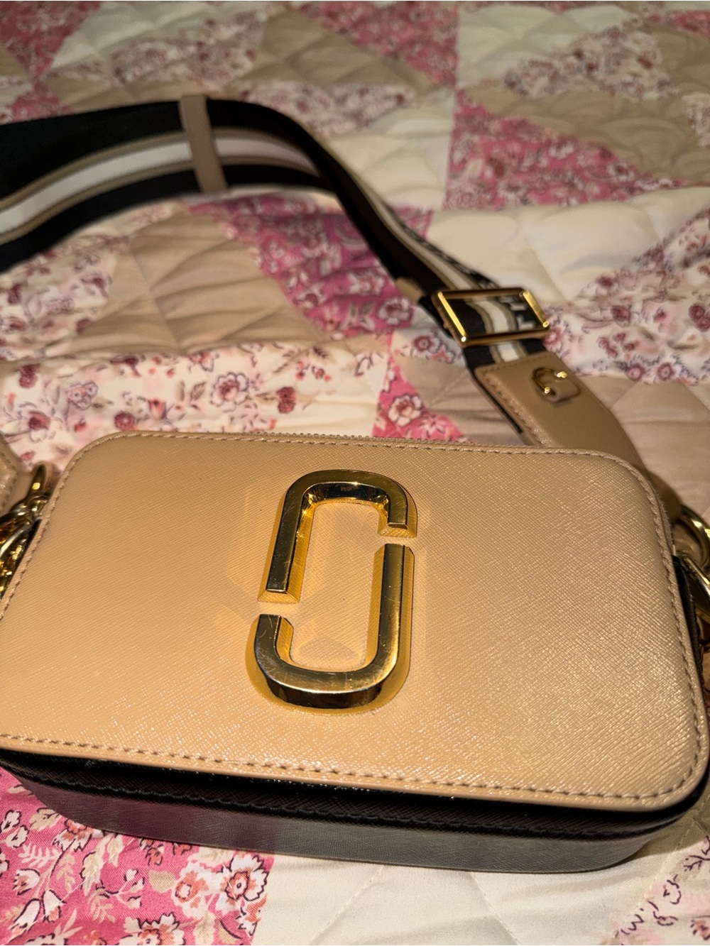 Marc Jacob’s Beige and Black Crossbody Camera Bag with Gold Hardware